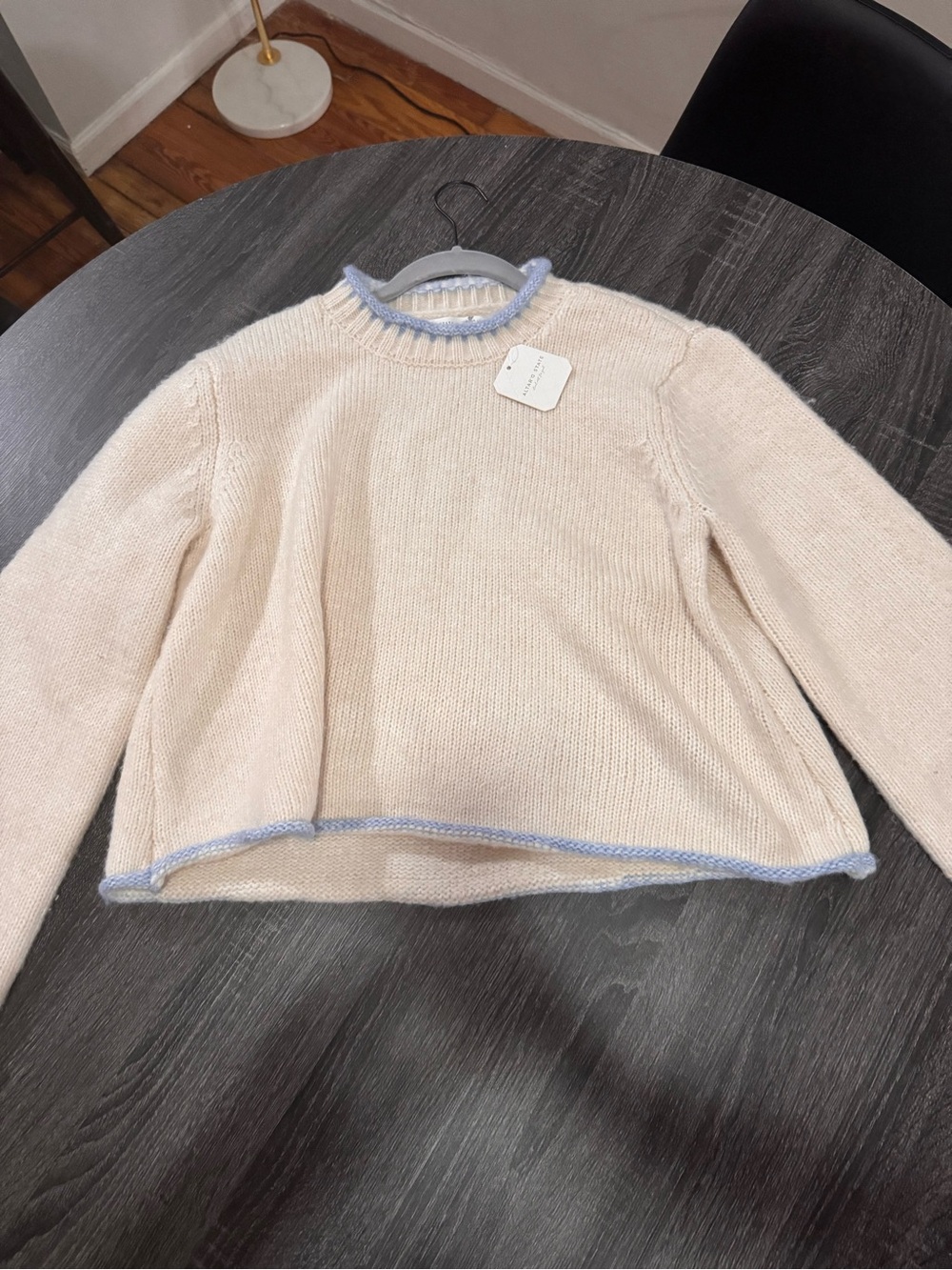 Cream Sweater with Light Blue Trim